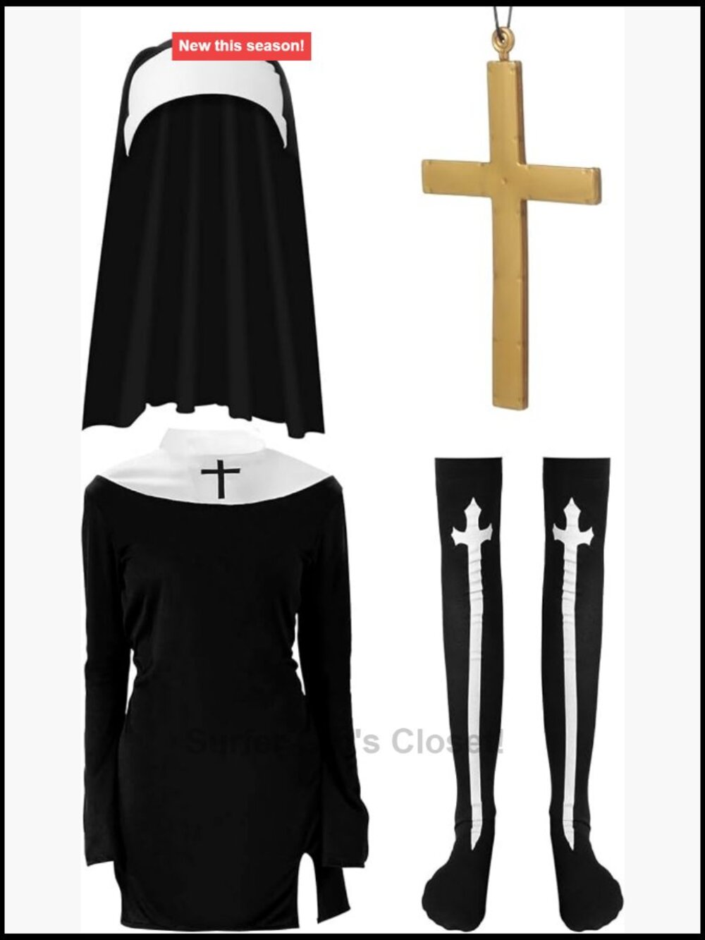 Halloween Nun Costume Accessories Set with Hat, Cross Necklace, Socks